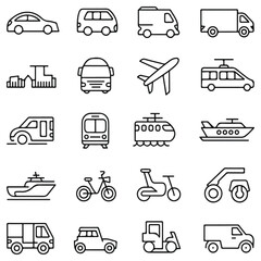Collection of transportation and vehicle line icons including car, bus, truck, van, delivery truck, train, tram, subway, plane, helicopter, cruise ship, yacht, shuttle, scooter, bike, motorcycle, rock
