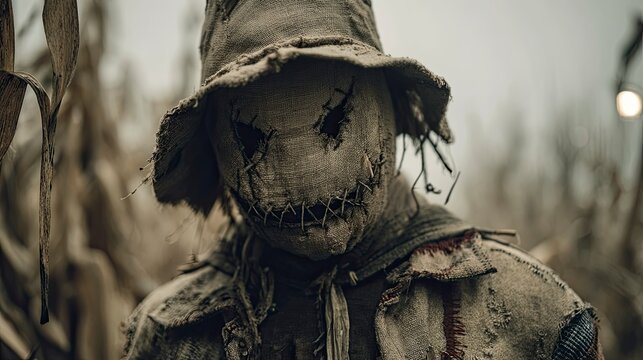 Cinematic autumn maze scene with burlap-masked scarecrow.