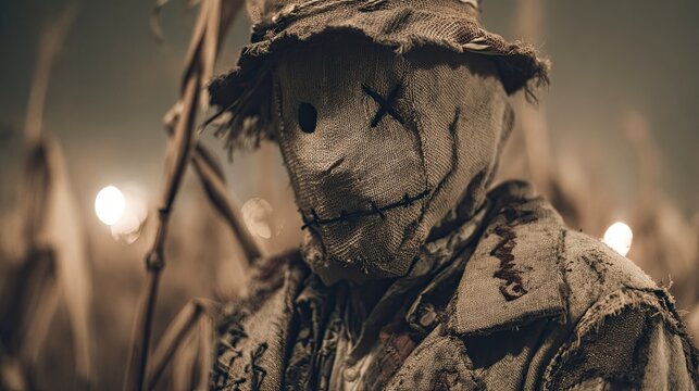 Patchwork coat scarecrow figure in illuminated cornfield at night.