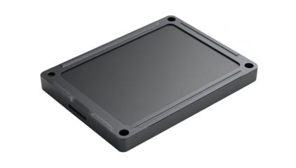 Isometric view of a dark grey rectangular SSD with screw holes