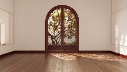 Obraz premium Tranquil interior room with a decorative archway door showcasing a serene garden setting.