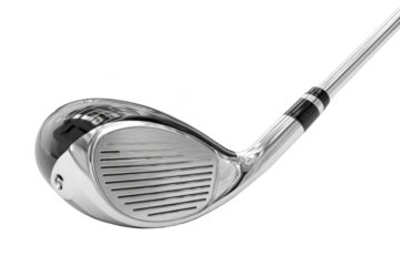Shiny golf club hybrid, close-up view of the clubhead