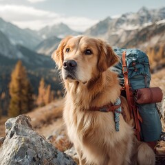 Golden retriever hiking with backpacker in mountains, loyal trail companion, outdoor adventure dog