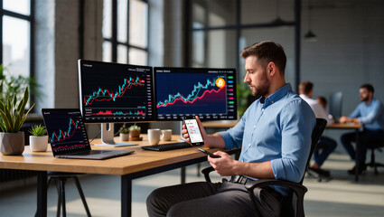 A man is working in an office, monitoring multiple screens displaying cryptocurrency charts while holding a smartphone. The scene captures the fast-paced world of digital currency trading and financia