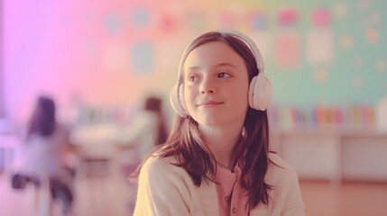 Girl wearing headphones. picture of a teen with noise-canceling headphones in a pastel-drenched pink and mint pastel colors bedroom classroom.