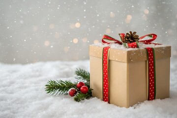 A gift box with red ribbon and pine branch on snow isolated on white background, studio shot