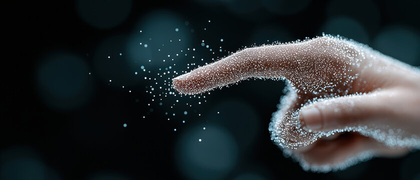 Futuristic hand digital particles technology innovation abstract minimalism clear photo realistic glowing dark background creative modern science imagination connection touch virtual concept
