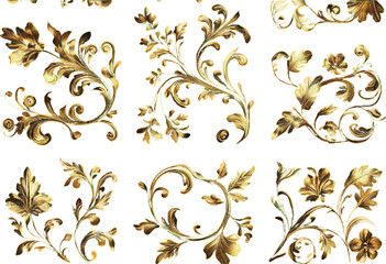 Set of six vintage golden floral and leaf decorative ornaments with transparent background