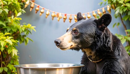 A sleek, black bear with a light-colored face gazes attentively at something outside its enclosure.