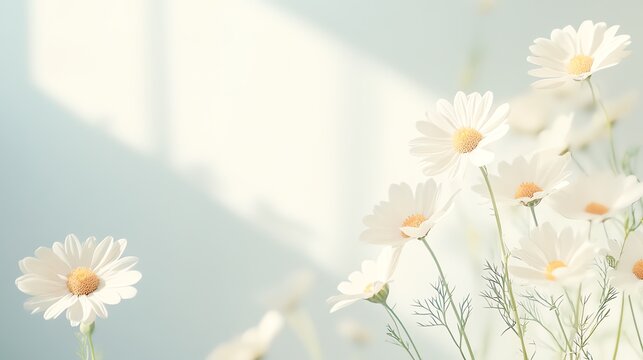 A beige canvas holds a beautiful pattern of chamomile flowers and their sun-kissed shadows.