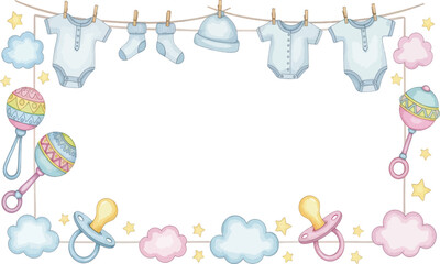 Charming illustrated frame featuring baby bodysuits, socks, and a hat on a clothesline, with rattles, pacifiers, clouds, and stars adorning the border.