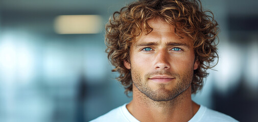 Confident man curly hair blue eyes casual style natural light close up young adult facial hair relaxed modern background