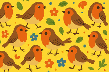 Cheerful robin pattern with yellow background, spring and nature illustration