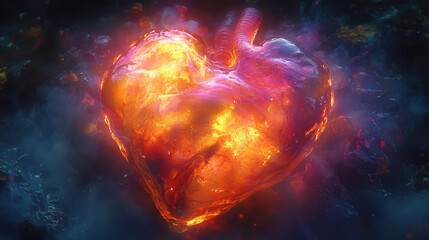 Molten heart glowing vibrant surreal abstract fiery fantasy dramatic emotional digital art intense light surrounded by smoke and embers captivating and imaginative