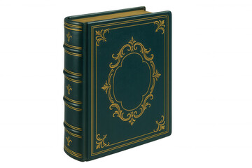 Fototapeta premium Closed antique book with green leather cover and golden decorations, isolated on transparent background, ideal for mockups