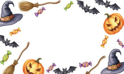 Halloween border design featuring pumpkins, bats, witches' hats, and broomsticks.