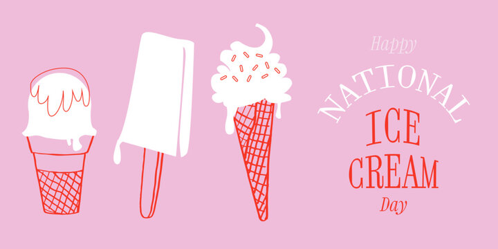 National Ice cream day banner. Pink retro holiday poster, background, card. Sweet cold dessert social media advertising. Flat Vector illustration. Italian desserts