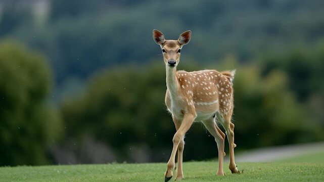 A baby deer, standing on a lush green lawn.