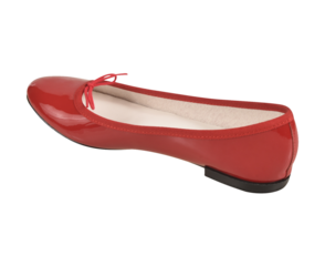 Women’s red ballet ballerina flat shoe with bow, glossy patent leather finish, stylish and comfortable footwear for casual and formal wear, transparent background.