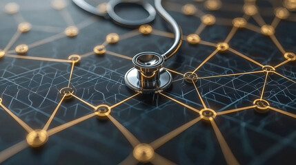 Stethoscope network connection healthcare technology digital medical innovation modern data. stethoscope rests digital network symbolizing modern healthcare technology and data connectivity