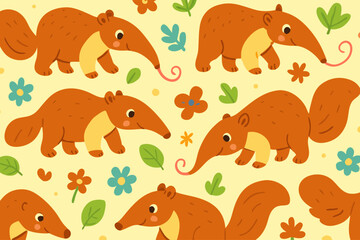 Cartoon Anteaters and Flowers Pattern