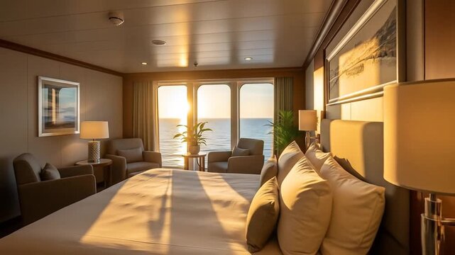 Luxurious Ocean View Suite: Sunrise Serenity, Tranquil Cruise Ship Cabin