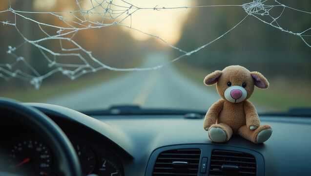 A cracked windshield and a child's toy on the dashboard - a strong emotional subtext