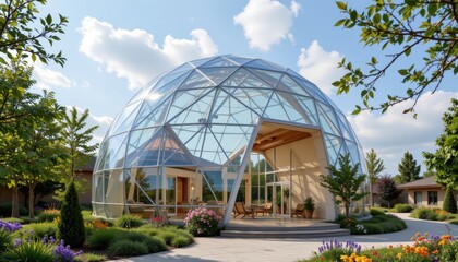 Naklejka premium glass dome architecture designed to maintain stable temperature inside using insulation reflective surfaces and ventilation natural sunlight filtered for warmth energy efficiency and sustainable envir