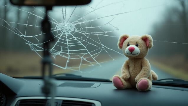 A cracked windshield and a child's toy on the dashboard - a strong emotional subtext