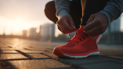 Man tying shoelaces on a red running shoe outdoors with city buildings in the background