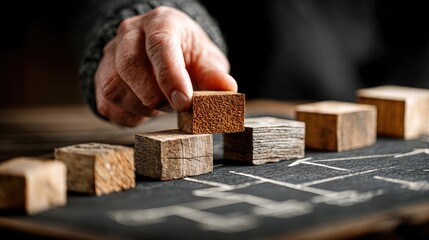Person arranging wooden blocks on a flowchart diagram for business process management and automation