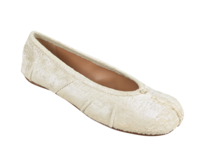 Women’s white ballet ballerina flat shoe, glossy patent leather finish, stylish and comfortable footwear for casual and formal wear, transparent background.