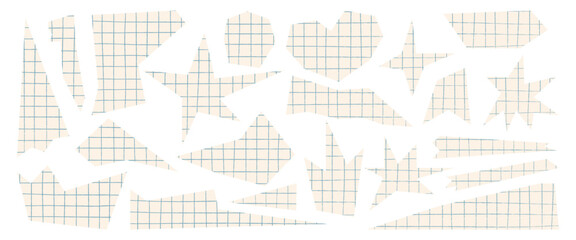 Set torn tear paper. Piece of paper with torn edges vintage texture. Trendy elements collection for banner collage. Retro vector illustration on transparent background.