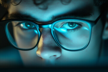 A young man with glasses in computer light