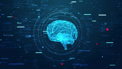wireframe 3d Artificial intelligence AI brain animation. Big Data Flow Analysis. deep learning blockchain neural network concept. Brain thinking process shining AI Technology Innovation Big Data - Powered by Adobe