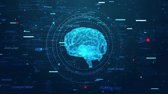 wireframe 3d Artificial intelligence AI brain animation. Big Data Flow Analysis. deep learning blockchain neural network concept. Brain thinking process shining AI Technology Innovation Big Data - Powered by Adobe
