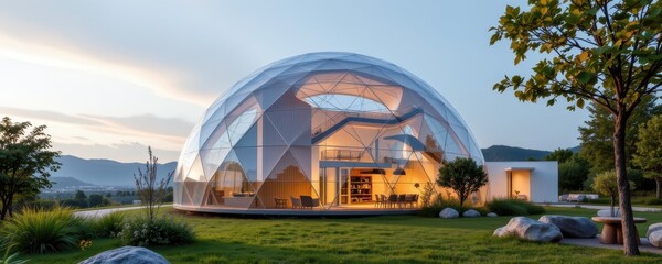 transparent architectural dome designed with natural ventilation insulated glass and reflective surfaces controlling temperature inside while maintaining energy efficiency comfort and sustainable envi