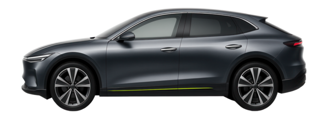 Electric crossover with a wide panoramic windshield and sleek side profile