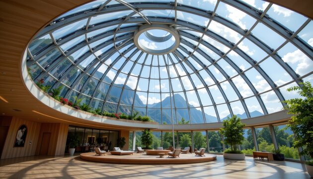 architectural dome of glass maintaining interior temperature using natural airflow ventilation insulated glass layers and reflective surfaces creating energy efficient comfortable sustainable climate