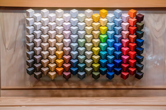 Colorful geometric cube palette installation on wall in London