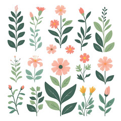 Charming Pastel Floral Collection Delicate Blooms And Green Leaves  isolated on transparent background Generative AI.