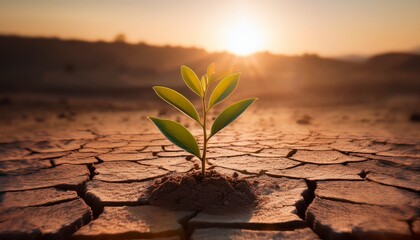 a resilient sapling bravely sprouting from cracked earth symbolizing hope and perseverance in a desolate landscape under soft warm sunlight