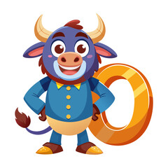 Playful Bull Character with Big Alphabet O, Fun Educational Illustration, Kids Learning, Colorful Animal Design, Children’s Book Vector Art