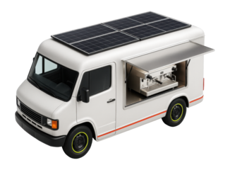 Sleek food truck with espresso machine and rooftop solar panels