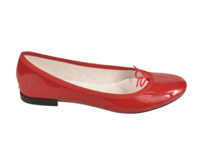 Women’s red ballet ballerina flat shoe with bow, glossy patent leather finish, stylish and comfortable footwear for casual and formal wear, transparent background.