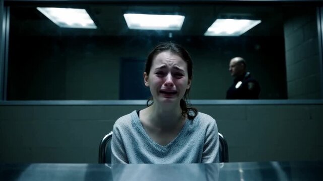 A young woman, tear-streaked and distraught, sits in a stark interrogation room, her anguish palpable as a stern policeman stands silhouetted behind the one-way mirror.
