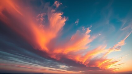 Fototapeta premium Dramatic sunrise and sunset sky with vibrant clouds, showcasing warm and cool color contrasts in a panoramic view.