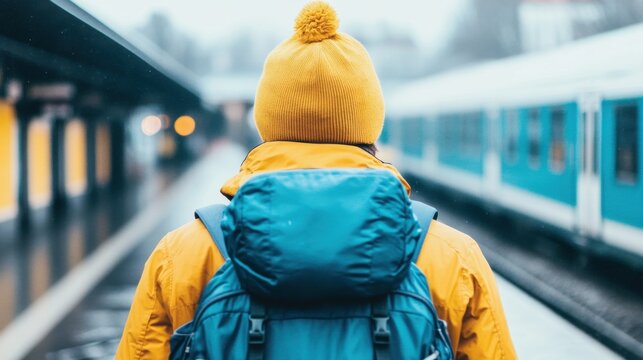 Backpacker waiting at train station on a rainy day in autumn