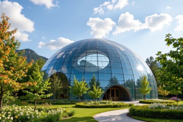 modern glass domes enhance green architecture with ventilation channels layered insulation reflective coatings and shading devices creating energy efficient spaces with minimal environmental impact.