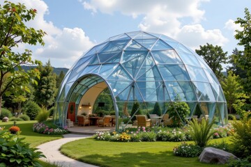 glass dome structures in sustainable design utilize reflective surfaces insulation layers and ventilation shafts maintaining interior temperature energy efficiency and minimizing carbon footprint.